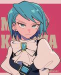  1girl ace_attorney ascot black_vest blue_eyes blue_hair breasts closed_mouth earrings franziska_von_karma gem highres jewelry juliet_sleeves long_sleeves looking_at_viewer medium_breasts mole mole_under_eye nono_(norabi) pink_background puffy_sleeves shirt short_hair smile solo twitter_username upper_body vest white_shirt 