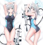  1girl absurdres animal_ear_fluff animal_ears armpits arms_up ass ass_visible_through_thighs back bare_shoulders bed_sheet black_one-piece_swimsuit blue_archive blush breasts competition_swimsuit covered_navel cross_hair_ornament dakimakura_(medium) extra_ears feet_out_of_frame from_above grey_hair gun hair_ornament halo highres long_hair looking_at_viewer lying masabodo medium_breasts multiple_views on_back on_stomach one-piece_swimsuit shiroko_(blue_archive) short_ponytail swimsuit thigh_gap weapon wolf_ears 