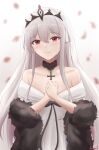  1girl absurdres artist_name bare_shoulders black_choker black_ribbon blush bridal_veil choker collarbone commission cross dress fur_scarf girls&#039;_frontline highres iron_cross jewelry kar98k_(girls&#039;_frontline) kar98k_(purity_in_vermilion)_(girls&#039;_frontline) long_hair looking_at_viewer official_alternate_costume randgriz96 red_eyes ribbon ring sleeveless sleeveless_dress smile solo tears tiara veil very_long_hair wedding_dress wedding_ring white_dress white_hair 