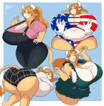  american_flag_bikini anthro ass_up big_breasts big_butt bouncing_breasts bovid bovine breast_grab breasts brown_body brown_fur brown_hair butt cattle chubby_female clothing dancing dress female fur gesture hair hand_on_breast hi_res horn huge_breasts jwinkz long_hair mammal on_ground one_eye_closed overalls pink_clothing pink_shirt pink_topwear ponytail shirt solo standing topwear watermark waving 