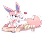  &lt;3 2022 clothing digital_media_(artwork) eeveelution feral footwear fur generation_6_pokemon hi_res kinozel leg_markings legwear looking_at_viewer markings nintendo pillow pink_body pink_fur pokemon pokemon_(species) signature simple_background smile socks socks_(marking) solo sylveon thigh_highs thigh_socks white_background white_body white_fur 