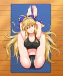  1girl absurdres ahoge armpits arms_up artoria_caster_(fate) artoria_caster_(third_ascension)_(fate) artoria_pendragon_(fate) ass bare_shoulders black_sports_bra blonde_hair blue_bow bow breasts cleavage closed_mouth commission commissioner_upload fate/grand_order fate_(series) flexible folded green_eyes hair_bow hair_ornament heksaddict highres legs_behind_head long_hair looking_at_viewer lying medium_breasts navel non-web_source on_back pretzel_pose smile solo sports_bikini sports_bra 