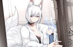  1girl absurdres animal_ears azur_lane black_choker blue_eyes blush breasts choker cleavage clenched_hand commentary dated_commentary fox_ears fox_girl fox_tail hands_up highres indoors japanese_clothes kaga_(azur_lane) kimono kitsune large_breasts multiple_tails samip short_hair shouji sliding_doors solo sound_effects speed_lines tail white_hair wide_sleeves 