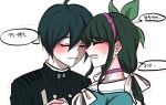  1boy 1girl ahoge black_jacket blush bow bowtie chabashira_tenko choker closed_eyes danganronpa_(series) danganronpa_v3:_killing_harmony green_hair green_shirt grin hair_between_eyes hair_ribbon highres jacket long_hair mole mole_under_mouth monja_(jyamong_0907) pink_choker portrait profile ribbon saihara_shuuichi sailor_collar shirt smile speech_bubble striped striped_jacket sweat teeth translation_request white_background white_bow white_bowtie white_ribbon white_sailor_collar 