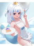  1girl absurdres apron bare_arms bare_shoulders blue_eyes blue_hair blue_nails blunt_bangs blush breasts cake cake_slice covered_navel crown dutch_angle fingernails fins fish_tail food fork fpvjoe frilled_apron frills gawr_gura hair_ornament highres holding holding_fork holding_plate hololive hololive_english looking_at_viewer medium_hair mini_crown multicolored_hair nail_polish naked_apron open_mouth plate shark_girl shark_hair_ornament shark_tail sidelocks small_breasts smile solo streaked_hair tail thighhighs two_side_up virtual_youtuber white_apron white_hair white_thighhighs 