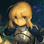  1girl ahoge armor armored_dress artoria_pendragon_(fate) blonde_hair blue_dress blue_ribbon boa_(brianoa) braid breastplate breasts dress fate/stay_night fate_(series) faulds french_braid gauntlets green_eyes hair_bun hair_ribbon highres long_hair long_sleeves looking_at_viewer medium_breasts ribbon saber sidelocks solo sword weapon 