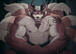  2022 2_horns 9_tails abs absurd_res anthro arm_tattoo baruswolf beard biceps blue_body blue_eyes blue_fur brown_hair canid canine canis chest_scar chest_tuft claws deltoids ear_piercing ear_ring facial_hair facial_scar fdj finger_claws forest fur hair hands_together heterochromia hi_res horn looking_at_viewer male mammal multi_tail multicolored_body multicolored_fur muscular muscular_anthro muscular_male navel nipples obliques pecs piercing plant rain_drops red_body red_fur ring_piercing scar shoulder_tattoo sitting snout snout_scar solo surgical_suture tail tattoo tree tuft vein veiny_muscles water_drop wet wet_body wet_fur white_body white_fur white_hair wolf yellow_eyes 