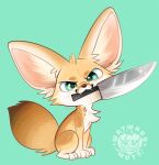  ambiguous_gender big_ears canid canine evil_grin fennec feral fox knife knife_in_mouth looking_at_viewer mammal object_in_mouth paws smile solo teeth ward watermark waywardmutt whiskers 