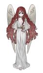  1girl absurdres angel barefoot blue_eyes bracer breasts cleavage curly_hair dress feathered_wings full_body highres long_hair looking_at_viewer napal_(ve_xillum) original pale_skin solo very_long_hair white_dress white_wings wings 