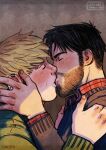  2boys alternate_facial_hair bad_id bad_tumblr_id bara beard black_hair blonde_hair blush closed_eyes couple cris_art ear_piercing facial_hair french_kiss hands_on_another&#039;s_cheeks hands_on_another&#039;s_face hulkling kiss layered_shirt male_focus marvel multiple_boys mustache_stubble piercing shadow short_hair sideburns sunlight thick_eyebrows upper_body wiccan yaoi 