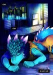  2018 alley anthro biped blue_body blue_scales city clothed clothing colored comic english_text faodailandfriends female hi_res horn kobold outside raining scales scalie solo tail text zuka_(fragile_findings) 