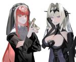  2girls bianca:_abystigma_(punishing:_gray_raven) bianca_(punishing:_gray_raven) black_bodysuit black_dress black_veil blush bodysuit breasts capelet cleavage cross cross_necklace crossed_bangs dress grey_hair hand_on_own_arm hand_on_own_face headgear highres holding holding_jewelry holding_necklace jewelry large_breasts long_dress long_hair long_sleeves looking_at_viewer mechanical_arms multiple_girls necklace parted_lips punishing:_gray_raven purple_eyes red_eyes red_hair sidelocks tiara traditional_nun veil vera_(punishing:_gray_raven) very_long_hair white_background white_capelet yongsadragon 