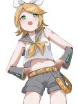  1girl belt blonde_hair bow commentary cowboy_shot detached_sleeves from_below green_eyes hair_bow hair_ornament hairclip hands_on_own_hips highres kagamine_rin kuraji_(vtup4278) looking_at_viewer midriff musical_note musical_note_print navel open_mouth short_sleeves shorts sleeveless solo treble_clef vocaloid 