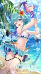  1girl :3 :d absurdres aqua_hair aqua_nails arms_up bare_arms bare_shoulders beach between_legs bikini bikini_skirt bird blue_bow blue_eyes blue_sky blurry blurry_foreground bow bow_bikini braid braided_ponytail breasts cat_hair_ornament character_request copyright_request crossed_bangs day demon_girl demon_tail demon_wings eyelashes fang feet_out_of_frame firing floating_hair flower frilled_bikini frills hair_between_eyes hair_flower hair_ornament hairclip head_tilt highres holding holding_water_gun horns knees_together_feet_apart long_hair looking_at_viewer medium_breasts multi-strapped_bikini_bottom multicolored_bikini multicolored_clothes multicolored_eyes multiple_horns nail_polish navel ocean one_eye_closed open_mouth orange_flower orange_ribbon outdoors palm_tree photobomb purple_ribbon ribbon short_eyebrows side-tie_bikini_bottom sidelocks sky smile solo sparkle starfish sunlight swimsuit tail tail_between_legs thigh_strap tree twisted_torso virtual_youtuber water water_drop water_gun wings wrist_ribbon wristband x_hair_ornament yellow_eyes ziyue 