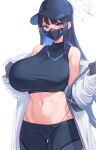  1girl bare_shoulders baseball_cap black_gloves black_hair black_mask blue_archive blue_eyes breasts coat commentary_request crop_top gloves halo hat highleg highleg_panties highres kuavera large_breasts long_hair looking_at_viewer mask midriff mouth_mask navel off_shoulder panties saori_(blue_archive) shirt sleeveless sleeveless_shirt solo stomach underwear white_coat 
