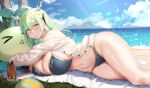  &gt;_&lt; 1girl antlers beach beach_towel bikini bird black_bikini blue_sky blush bottle breasts ceres_fauna cleavage cloud day grass green_hair grin hair_between_eyes hair_ribbon highres hololive hololive_english huge_breasts leaf looking_at_viewer lotion lying mixed-language_commentary mountainous_horizon navel ocean on_side outdoors palm_tree ribbon seagull sky smile solo sunscreen swimsuit thighs tnolize towel tree watermark white_bird 