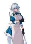  1girl absurdres ahoge apron artist_name blue_eyes braid breasts cowboy_shot gloves grey_hair hair_between_eyes highres himadera holding izayoi_sakuya looking_at_viewer maid maid_apron maid_headdress simple_background solo thighhighs touhou twin_braids twitter_username watermark white_background 