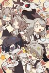  3boys 3girls alina_(arknights) animal_ears animal_skull antlers apron arknights black_apron cake chibi collared_shirt contemporary cookie cup faust_(arknights) food frostnova_(arknights) green_eyes grey_hair highres holding holding_cup holding_menu holding_notepad holding_pen holding_tray horns ice_cream long_hair long_sleeves looking_at_viewer menu mephisto_(arknights) multiple_boys multiple_girls notepad open_mouth patriot_(arknights) pen rabbit_ears shirt smile snake_tail south_ac tail talulah_(arknights) tray very_long_hair white_hair white_shirt 