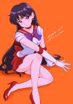  1girl absurdres bare_legs bishoujo_senshi_sailor_moon black_hair bow bowtie breasts choker circlet earrings elbow_gloves gloves high_heels highres hino_rei jewelry looking_at_viewer medium_breasts miniskirt orange_background pleated_skirt purple_bow purple_bowtie purple_eyes purple_hair red_choker red_footwear red_skirt sailor_collar sailor_mars sailor_senshi_uniform simple_background skirt solo star_(symbol) star_earrings thighs tsunemoku white_gloves 