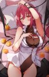  1girl black_bra blush bodystocking bra breasts cleavage covered_navel food fruit heterochromia highres hololive houshou_marine houshou_marine_(6th_costume) id_card large_breasts looking_at_viewer lying miakiuehashi official_alternate_costume on_back orange_(fruit) pillow red_eyes red_hair see-through see-through_cleavage shirt short_hair sleeveless sleeveless_shirt solo underwear virtual_youtuber white_shirt yellow_eyes 