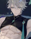  1boy abs alhaitham_(genshin_impact) blue_eyes blue_hair closed_mouth crop_top genshin_impact grey_hair gumilkx hair_between_eyes highres male_focus multicolored_hair pectoral_cleavage pectorals sketch sleeveless solo toned toned_male upper_body 