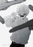  1other :d ^_^ arm_up belt blush can closed_eyes collared_shirt cowboy_shot finger_frame gojou_satoru greyscale hand_up highres holding holding_can honey_bunny jujutsu_kaisen male_focus monochrome open_mouth pants shirt short_hair short_sleeves simple_background smile standing sunglasses sweat twitter_username v 