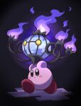  black_background black_eyes blush blush_stickers chandelier chandelure closed_mouth commentary_request fire full_body highres holding holding_pokemon kirby kirby_(series) no_humans pokemon pokemon_(creature) poyo_party purple_fire running yellow_eyes 