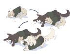  animalization arrow_(symbol) black_hair blonde_hair blue_eyes cat clara_(girls_und_panzer) closed_eyes closed_mouth dog fang frown girls_und_panzer green_jacket hasekura_(hachinochun) highres jacket katyusha_(girls_und_panzer) licking looking_at_another lying motion_lines multiple_views nonna_(girls_und_panzer) on_side on_stomach open_mouth pravda_school_uniform school_uniform sigh sleeping smile tail tail_wagging translated 