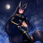  1girl absurdres animal_ear_fluff animal_ears artist_name black_hair bodysuit breasts cloud cloudy_sky commentary delta_(kage_no_jitsuryokusha_ni_naritakute!) grin highres kage_no_jitsuryokusha_ni_naritakute! large_breasts long_hair looking_at_viewer moon navel night purple_eyes sky slit_pupils smile solo standing tail teeth very_long_hair wlper wolf_ears wolf_girl wolf_tail 