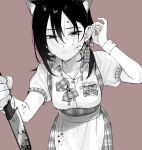  1girl animal_ear_fluff animal_ears apron blood blood_on_face blood_on_weapon cat_ears greyscale hair_between_eyes hair_ribbon hand_up heart highres holding holding_knife knife looking_at_viewer medium_hair monochrome original pout ribbon shirt_tucked_in short_sleeves simple_background solo spot_color toyosaka undone_bowtie upper_body waitress weapon wrist_cuffs 