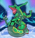  aurora black_sclera claws colored_sclera commentary_request dragon eastern_dragon fangs full_body night no_humans open_mouth outdoors pokemon pokemon_(creature) rayquaza sky sokishii solo tongue yellow_eyes 