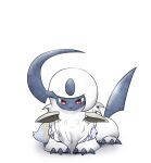  :3 absol bright_pupils character_request claws commentary_request highres kashiwa_(3920kashiwa) looking_at_another looking_down no_humans pokemon pokemon_(creature) red_eyes simple_background sitting v-shaped_eyebrows white_background white_pupils 