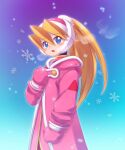  1girl black_bodysuit blonde_hair blue_eyes blush bodysuit breasts ciel_(mega_man) gloves highres looking_at_viewer mega_man_(series) mega_man_zero nagita0 pink_headwear ponytail small_breasts snowflakes snowing winter_clothes 