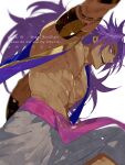  1boy abs bara bare_pectorals bhima_(fate) dark-skinned_male dark_skin fate/grand_order fate_(series) feet_out_of_frame from_below glint highres large_pectorals long_hair looking_at_viewer male_focus muscular muscular_male navel nipples pectorals purple_hair semi_(p-poco) shiny_skin sideways_glance smile solo stomach thick_eyebrows v-taper vest 