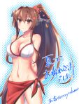  1girl bikini breasts brown_hair cherry_blossoms cowboy_shot flower hair_between_eyes hair_flower hair_intakes hair_ornament headgear highres kantai_collection large_breasts long_hair navel official_alternate_costume ponytail red_eyes red_sarong sarong sidelocks solo standing swimsuit tamakichi_(tamakitty) very_long_hair white_bikini yamato_(kancolle) 