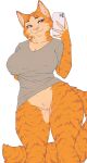  2023 anthro bottomless bottomless_anthro bottomless_female breasts cleavage clothed clothing domestic_cat felid feline felis female friskalpox fur genitals grey_clothing grey_shirt grey_topwear hi_res holding_object holding_phone mammal orange_body orange_fur phone portrait pussy shirt simple_background solo t-shirt tabby_cat three-quarter_portrait topwear white_background 