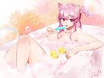  1girl animal_ears arm_support bath bathing bathtub breasts bubble cat_ears collarbone commentary_request commission completely_nude folded_ponytail food hair_between_eyes highres holding holding_food indie_virtual_youtuber knees_up large_breasts licking long_hair nude partially_submerged pink_hair popsicle rot_illust rubber_duck second-party_source signature soap_bubbles solo tenshouin_himeno thank_you tongue tongue_out virtual_youtuber 