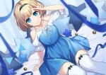  1girl bare_shoulders black_bow black_hairband blonde_hair blue_dress blue_eyes blue_ribbon blush bon_(bonbon315) bow closed_mouth dress hairband hand_up looking_at_viewer original ribbon short_hair sitting smile solo star_(symbol) star_pillow thighhighs v white_thighhighs 