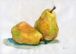 amima_amita food fruit highres light no_humans original painting_(medium) pear realistic shadow signature still_life traditional_media watercolor_(medium) white_background 