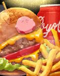  blush_stickers burger cheese closed_eyes closed_mouth coca-cola food food_focus food_on_face french_fries highres kirby kirby_(series) lettuce meat miclot no_humans pink_footwear shoes sleeping tomato toothpick 