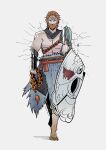  1boy abs armor barefoot beard chain crack denny626 elden_ring facial_hair gauntlets grey_scarf highres holding holding_whip male_focus muscular muscular_male orange_hair original pectorals scarf shield short_hair shoulder_armor solo tarnished_(elden_ring) walking white_background 