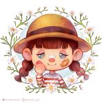  1girl animal_crossing bandaid bandaid_on_face bandaid_on_nose black_eyes braid brown_hair eyelashes facial_mark faux_traditional_media flower half-closed_eyes hat highres instagram_username long_sleeves melllorine no_fingers shirt smile solo straw_hat striped striped_shirt twin_braids twitter_username upper_body villager_(animal_crossing) white_background white_flower 