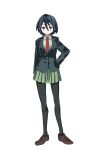  1girl absurdres arm_at_side arm_behind_back black_hair black_jacket black_pantyhose blue_eyes closed_mouth collared_shirt commentary_request expressionless full_body green_skirt highres jacket kakuriyo_rei kuroshio_current long_sleeves looking_at_viewer necktie okabayashi_saki pantyhose pleated_skirt red_necktie sanpaku shirt short_hair simple_background skirt solo standing tachi-e white_background white_shirt 