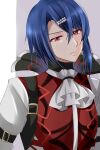  1boy alcryst_(fire_emblem) ascot blue_hair buckle closed_mouth fire_emblem fire_emblem_engage hair_between_eyes hair_ornament hairclip highres kirishima_riona looking_at_viewer red_eyes shirt short_hair solo upper_body white_ascot 