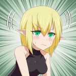  1girl black_shirt blonde_hair blush breasts cato_(monocatienus) closed_mouth commentary_request emphasis_lines feet_out_of_frame frown green_eyes hair_between_eyes highres long_bangs looking_at_viewer medium_breasts mizuhashi_parsee parsee_day pointy_ears shirt short_hair sleeveless sleeveless_shirt solo sweat touhou upper_body v-shaped_eyebrows 