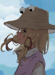  1girl absurdres blonde_hair blue_sky brown_headwear cloud day from_side hair_ribbon hat highres kaigan0211 medium_hair moriya_suwako outdoors profile purple_vest red_ribbon ribbon shirt sky smile solo touhou upper_body vest white_shirt 