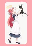  1girl absurdres ahoge animal apron artpatient black_footwear blue_archive blush cat commentary full_body halo highres holding holding_animal long_hair maid maid_apron maid_headdress official_alternate_costume open_mouth ponytail profile red_background red_hair shoes short_sleeves solo standing tears two-tone_background white_background yuzu_(blue_archive) yuzu_(maid)_(blue_archive) 