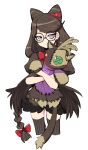  1girl bayonetta_(series) bayonetta_origins:_cereza_and_the_lost_demon black-framed_eyewear black_hair blue_eyes button_eyes cereza commentary cone_hair_bun cowboy_shot cropped_legs dede_(qwea_00000) doll glasses hair_bun holding holding_doll holding_stuffed_toy looking_at_viewer simple_background solo striped striped_thighhighs stuffed_toy symbol-only_commentary thighhighs white_background 