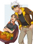  1boy 1girl :d belt black_shirt blue_eyes brown_hair brown_jacket brown_pants chair clothes_around_waist crossed_arms friede_(pokemon) gloves goggles goggles_on_head gradient_hair highres hinata_(ryohinata) jacket multicolored_hair orange_hair orange_pants orla_(pokemon) pants pokemon pokemon_(anime) pokemon_horizons shirt shirt_around_waist sitting smile standing t-shirt white_background white_hair yellow_eyes 
