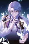  1boy absurdres ascot black_ascot black_bow black_pants blue_background blue_hair bow bowtie bug butterfly butterfly_wings closed_mouth collared_shirt fingernails flower flying genshin_impact gold_trim gradient_background hair_between_eyes hands_up highres jacket kamisato_ayato long_sleeves looking_at_viewer male_focus mole mole_under_mouth open_clothes open_jacket pants puffy_long_sleeves puffy_sleeves purple_bow purple_bowtie purple_eyes rose shirt short_hair smile solcha solo white_jacket white_shirt wings 